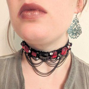 Betsey Johnson Gothic Red and Black Choker with Faux Jewels and Rhinestones
